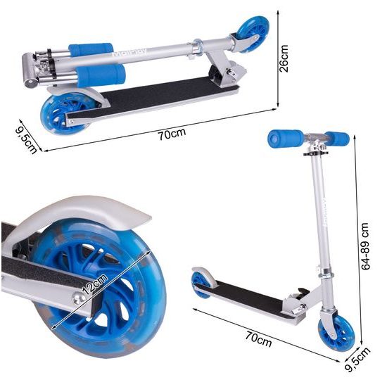 Dětská skládací koloběžka s hliníkovým rámem a svítícími koly - šedo/modrá