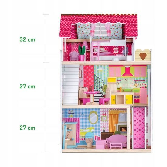 Ecotoys dřevěný domeček pro panenky Malinová s výtahem + 2 panenky