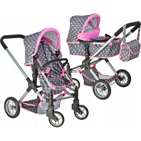 Doris kombinovaný kočárek pro panenky 2v1 šedo-růžový - 9622