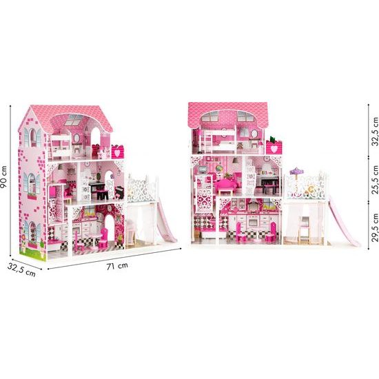 Ecotoys dřevěný XXL domeček pro panenky se skluzavkou rezidence Jersey