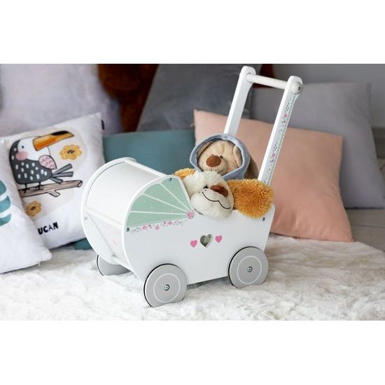 ROZBALENO Ecotoys dětské dřevěné chodítko kočárek se srdíčky bílý