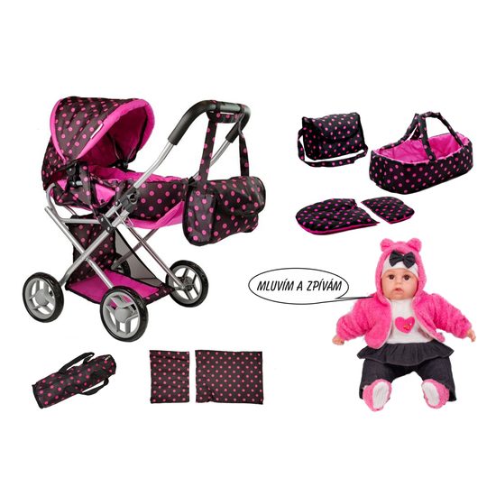 Alice kočárek pro panenky černý 9346D + panenka