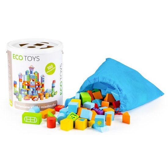 Ecotoys sada dřevěných kostek v kyblíku 100 ks v Městečko