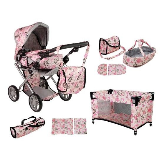 Alice kočárek 9346 pro panenky 5v1 světle růžový s kytičkami
