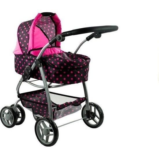 Kočárek pro panenky 2v1 Alice - černý s růžovými puntíky