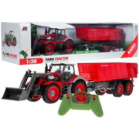 Traktor na dálkové ovládání s červenou vlečkou Red Farmer 1:28