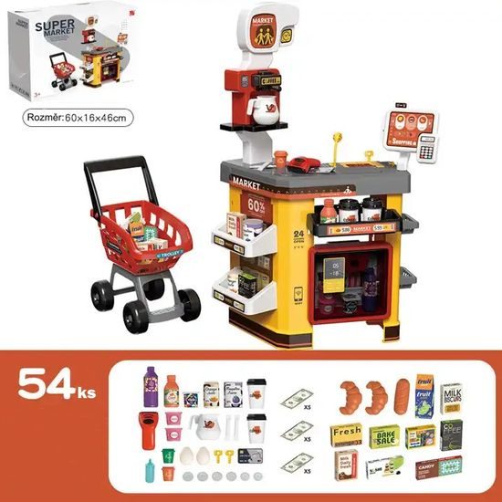 Dětský obchod Supermarket s lednicí a nákupním košíkem 54 součástí