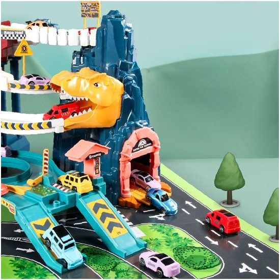 Parkovací dráha se 4 autíčky, tunelem a výtahem na baterie Dinosaur Rail