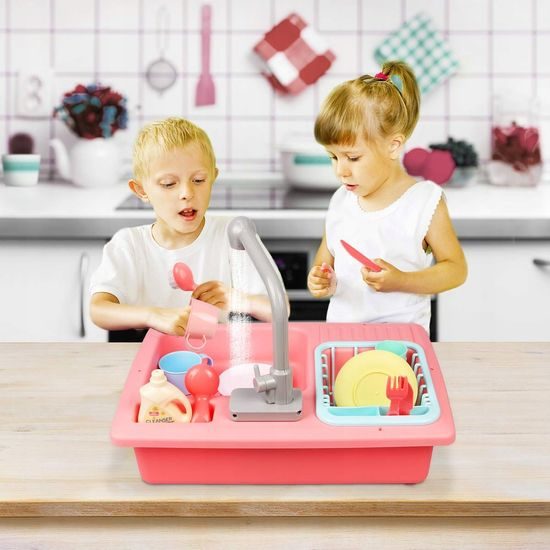 Dětský dřez s tekoucí vodou a nádobím Wash Up růžový