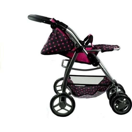 Kočárek pro panenky 2v1 Alice - černý s růžovými puntíky