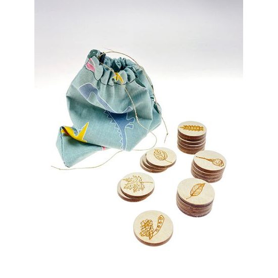 Pexeso listy a plody 3 - dřevěná paměťová sada v pytlíku (14 párů)