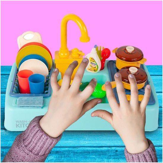 Dětský dřez s tekoucí vodou a nádobím Wash Up modrý