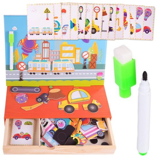 Dřevěná magnetická ukládačka Dopravní prostředky - 94 kusů