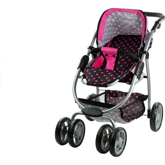 Kočárek pro panenky 2v1 Alice - černý s růžovými puntíky