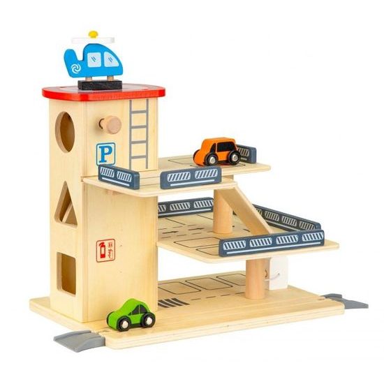 Ecotoys dřevěná garáž se 2 autíčky, výtahem a helikoptérou Wooden Garage
