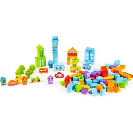 Ecotoys sada dřevěných kostek v kyblíku 100 ks v Městečko