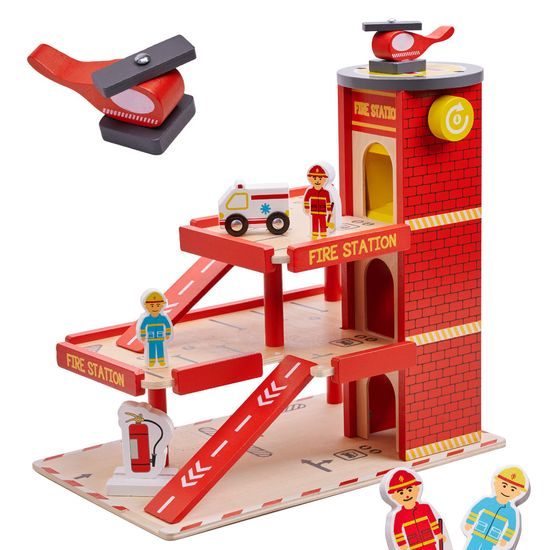 Dřevěná požární garáž s autíčkem a helikoptérou Lulilo