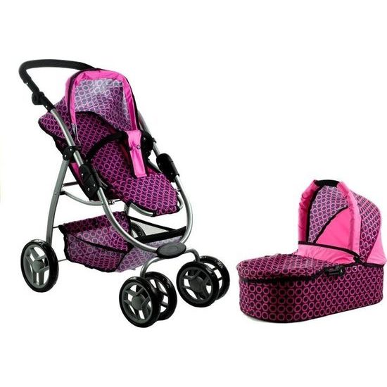 Alice velký sportovní kočárek pro panenky 3v1 - 9662 černo - růžový vzor