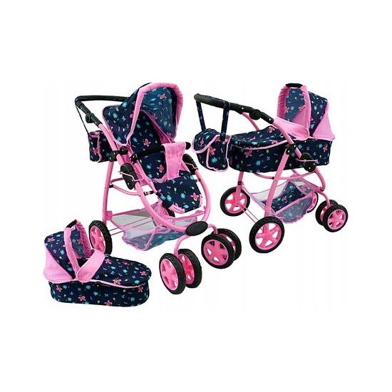 Doris velký sportovní kočárek pro panenky 3v1 - 9662 tmavě modrá s motýlkama