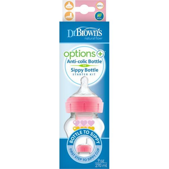 Dr.Brown´s Láhev antikolik Options+ široké hrdlo 2v1 s hubičkou 270ml plast růžová