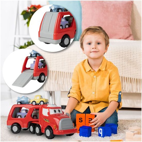 Nákladní auto se 3 autíčky, helikoptérou, světly a zvuky Transport Car červené