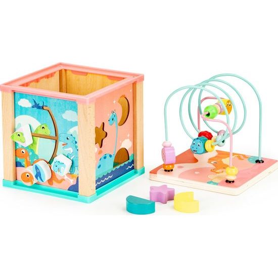 Ecotoys dřevěná edukační kostka s labyrintem Dino Cube 5v1