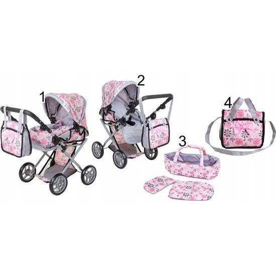 Doris kočárek pro panenky kombinovaný - 9346 světle růžový s kytičkami
