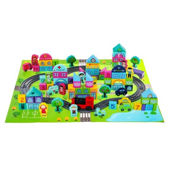 Sada dřevěných kostek Městečko s dráhou a podložkou 111 ks Railway Blocks