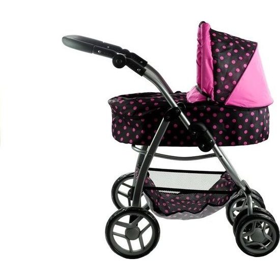 Kočárek pro panenky 2v1 Alice - černý s růžovými puntíky
