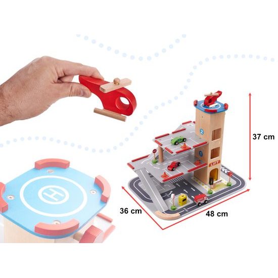 Dřevěná patrová garáž s výtahem a autíčky Lulilo