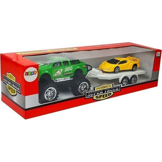 Sada zeleného off-roadu se sportovním autem a odtahovkou