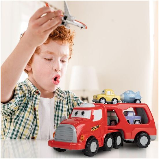 Nákladní auto se 3 autíčky, helikoptérou, světly a zvuky Transport Car červené