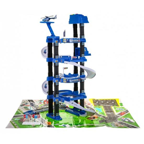 Parkovací garáž s výtahem na baterie, autíčky a hrací podložkou Police Garage