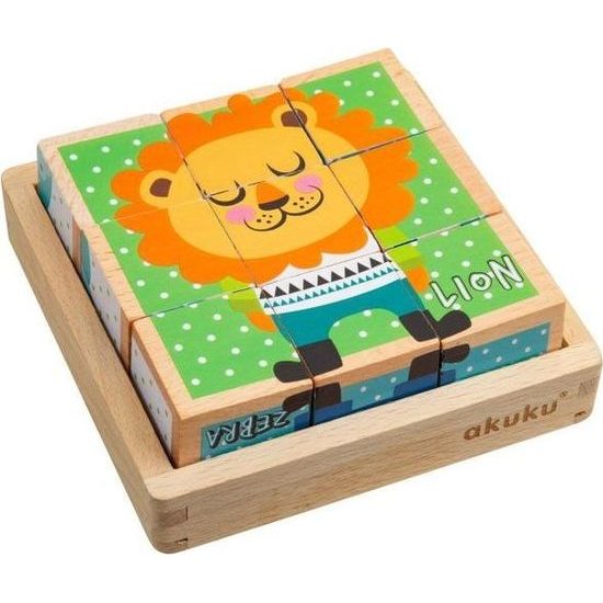 Skládací edukační dřevěné kostky v krabičce Akuku ZOO 9 ks