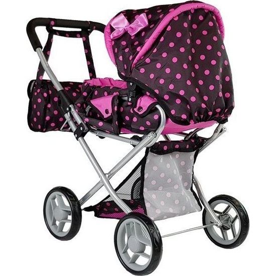 Kočárek pro panenky Alice s příslušenstvím-černý s růžovými puntíky