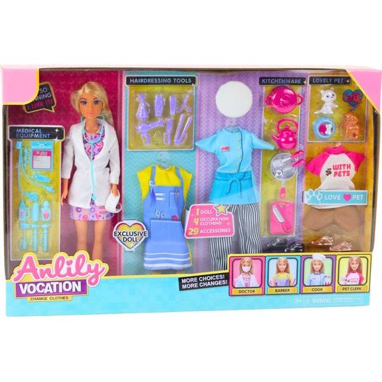Panenka Anlily 4v1- doktorka, kadeřnice, kuchařka a pečovatelka zvířat