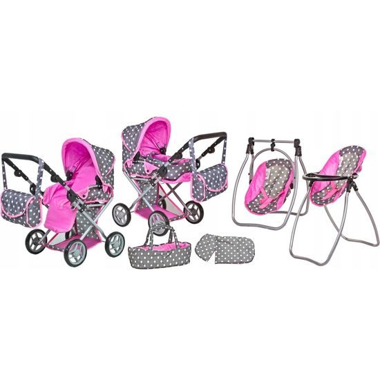Doris kočárek pro panenky 9346 set 6v1 šedo-růžový