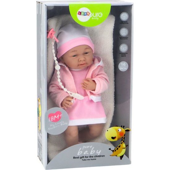 Panenka s dudlíkem v růžových šatičkách a kabátku, 35 cm