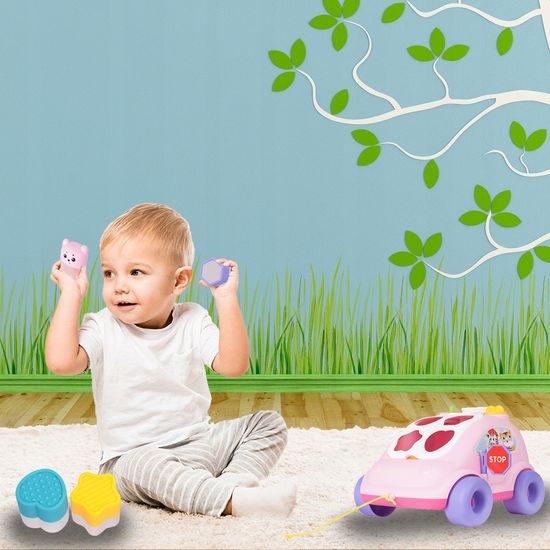 Edukační vkládací kostka - tahací Autíčko růžové