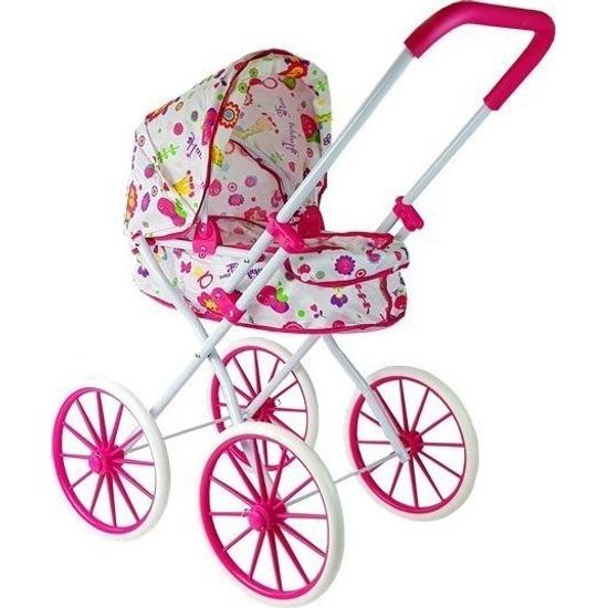 Retro kočárek pro panenky s květinami a velkými koly -růžový