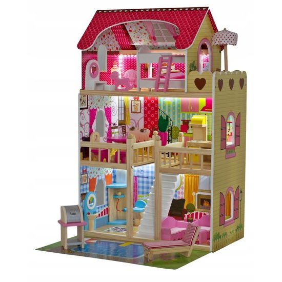 Doris dřevěný 2 patrový domeček pro panenky s barevným LED osvětlením