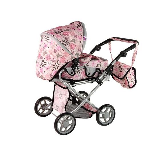 Alice kočárek pro panenky 9346 kombinovaný růžový s kytičkami