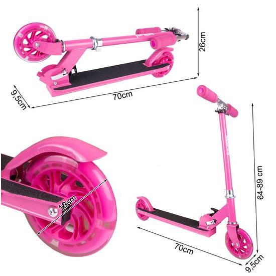 Dětská skládací koloběžka s hliníkovým rámem a svítícími koly - růžová