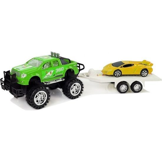 Sada zeleného off-roadu se sportovním autem a odtahovkou