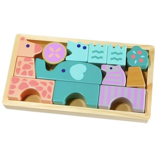 Ecotoys sada dřevěných kostek Zvířátka 13 ks