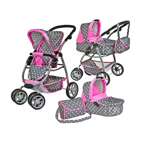 Doris velký sportovní kočárek pro panenky 3v1 - 9662 šedo-růžový + panenka