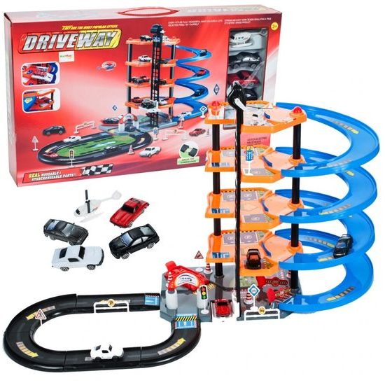 Parkovací garáž s výtahem, helikoptérou a 4 autíčky Driveway