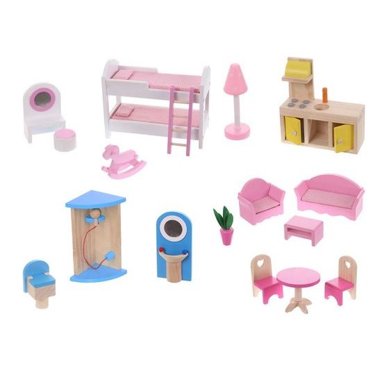 Ecotoys dřevěný dvoupatrový domeček pro panenky Malinová + 2 panenky