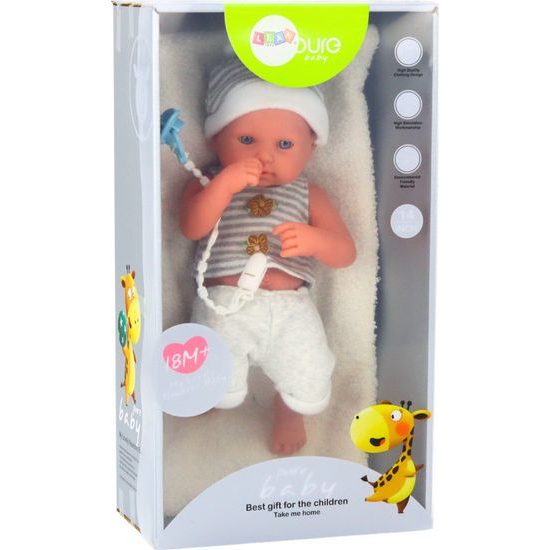 Panenka miminko v bílo-šedém oblečení s dudlíkem a dekou