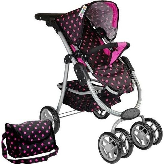 Kočárek pro panenky 2v1 s taškou - černý s růžovými puntíky